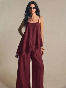 Poéselle Setelan 2 Potong Wanita Musim Panas Elegan dengan Atasan Camisole dan Celana Panjang Berenda Motif Patchwork - Burgundy - View 7