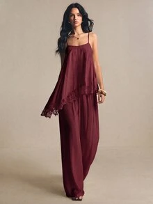 Poéselle Setelan 2 Potong Wanita Musim Panas Elegan dengan Atasan Camisole dan Celana Panjang Berenda Motif Patchwork - Burgundy - View 4