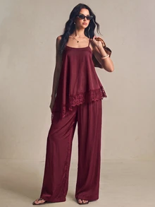 Poéselle Setelan 2 Potong Wanita Musim Panas Elegan dengan Atasan Camisole dan Celana Panjang Berenda Motif Patchwork - Burgundy - View 6