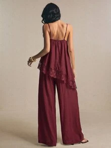 Poéselle Setelan 2 Potong Wanita Musim Panas Elegan dengan Atasan Camisole dan Celana Panjang Berenda Motif Patchwork - Burgundy - View 2