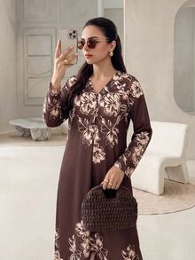 Rue Lumi Women's Brown Floral Floral Floral Casual Elegant Modest Matching Midi Dress For Vacation Day Time Family Autumn Brunch Day Time - Brown - View 5