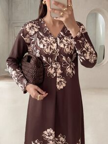 Rue Lumi Women's Brown Floral Floral Floral Casual Elegant Modest Matching Midi Dress For Vacation Day Time Family Autumn Brunch Day Time - Brown - View 6
