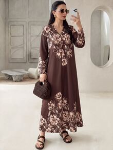 Rue Lumi Women's Brown Floral Floral Floral Casual Elegant Modest Matching Midi Dress For Vacation Day Time Family Autumn Brunch Day Time - Brown - View 4