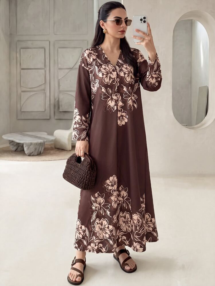 Rue Lumi Women's Brown Floral Floral Floral Casual Elegant Modest Matching Midi Dress For Vacation Day Time Family Autumn Brunch Day Time - Brown - View 3
