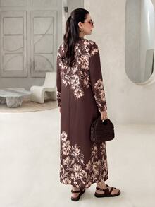 Rue Lumi Women's Brown Floral Floral Floral Casual Elegant Modest Matching Midi Dress For Vacation Day Time Family Autumn Brunch Day Time - Brown - View 3