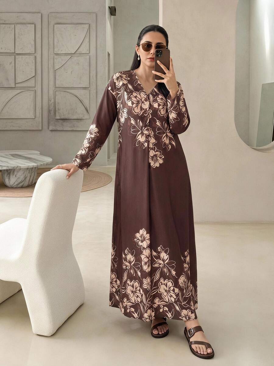 Rue Lumi Women's Brown Floral Floral Floral Casual Elegant Modest Matching Midi Dress For Vacation Day Time Family Autumn Brunch Day Time