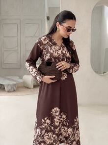Rue Lumi Women's Brown Floral Floral Floral Casual Elegant Modest Matching Midi Dress For Vacation Day Time Family Autumn Brunch Day Time - Brown - View 7