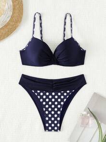 Swim Lushoire Women Summer Beach Polka Dot Print Spaghetti Strap Bikini Set - Navy Blue - View 3