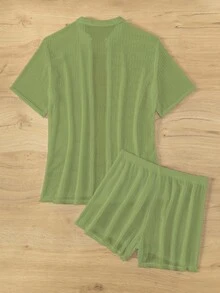 SHEIN Swim 2pcs Women Vacation Solid Color Short Sleeve Kimono Robe And Shorts Set For Summer - Green - View 4