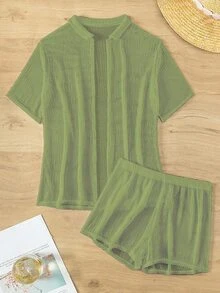 SHEIN Swim 2pcs Women Vacation Solid Color Short Sleeve Kimono Robe And Shorts Set For Summer - Green - View 6