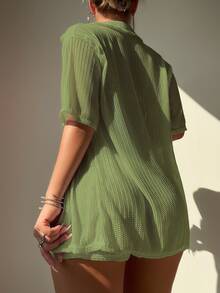 SHEIN Swim 2pcs Women Vacation Solid Color Short Sleeve Kimono Robe And Shorts Set For Summer - Green - View 2