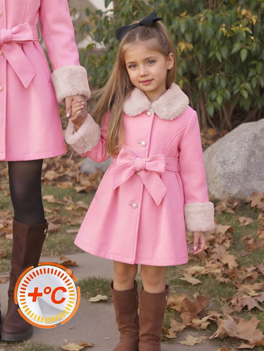 Emery Rose Kids Emery Rose Kids 女童編織純色翻領人造毛領休閒羊毛外套,秋冬款 - 粉色 - 查看 1