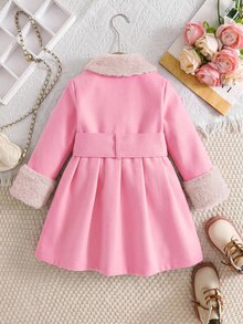 Emery Rose Kids Emery Rose Kids 女童編織純色翻領人造毛領休閒羊毛外套，秋冬款 - 粉色 - 查看 3
