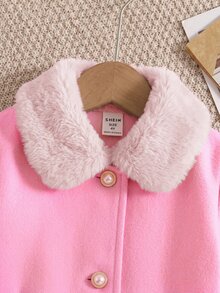 Emery Rose Kids Emery Rose Kids 女童編織純色翻領人造毛領休閒羊毛外套，秋冬款 - 粉色 - 查看 5