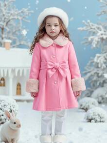 Emery Rose Kids Emery Rose Kids 女童編織純色翻領人造毛領休閒羊毛外套，秋冬款 - 粉色 - 查看 9