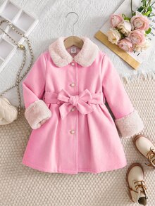 Emery Rose Kids Emery Rose Kids 女童編織純色翻領人造毛領休閒羊毛外套，秋冬款 - 粉色 - 查看 2