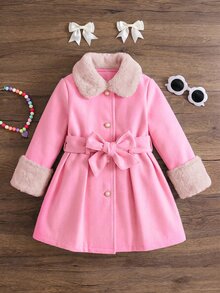 Emery Rose Kids Emery Rose Kids 女童編織純色翻領人造毛領休閒羊毛外套，秋冬款 - 粉色 - 查看 4