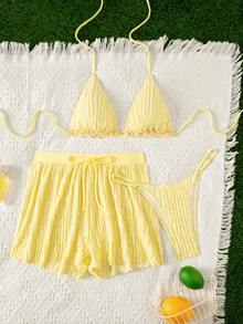 SHEIN Swim 柠檬黄三件套泳衣，褶皱纹理面料，三角上衣系带，后背交叉设计，抽绳腰带宽松短裤和丁字裤，性感甜美风格，适合海滩、派对、度假穿着 - 黃色 - 查看 6