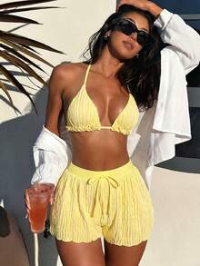 SHEIN Swim 柠檬黄三件套泳衣，褶皱纹理面料，三角上衣系带，后背交叉设计，抽绳腰带宽松短裤和丁字裤，性感甜美风格，适合海滩、派对、度假穿着 - 黃色 - 查看 2