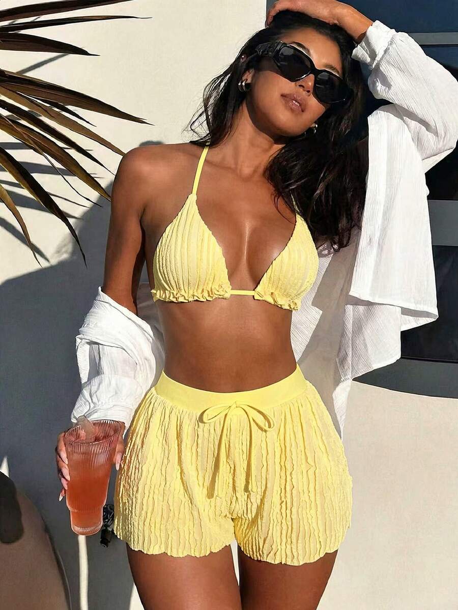 SHEIN Swim 柠檬黄三件套泳衣，褶皱纹理面料，三角上衣系带，后背交叉设计，抽绳腰带宽松短裤和丁字裤，性感甜美风格，适合海滩、派对、度假穿着
