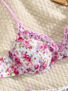 SHEIN Swim 夏季度假甜美花卉荷叶边吊带露背系带比基尼套装 - 彩色 - 查看 5