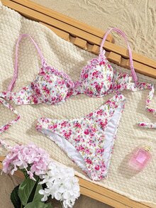 SHEIN Swim 夏季度假甜美花卉荷叶边吊带露背系带比基尼套装 - 彩色 - 查看 2