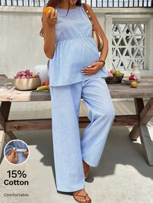SHEIN طقم سواري وبنطلون فضفاض للحوامل، بلا أكمام وياقة دائرية، مطبوع بخطوط ، صيفي - الأزرق - مشاهدة 1