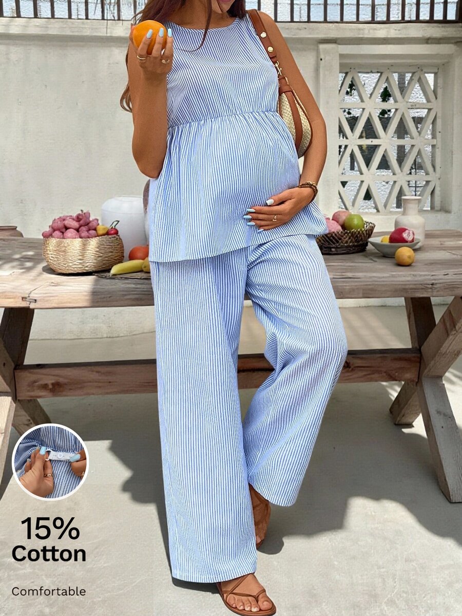 SHEIN طقم سواري وبنطلون فضفاض للحوامل، بلا أكمام وياقة دائرية، مطبوع بخطوط ، صيفي - الأزرق - مشاهدة 1