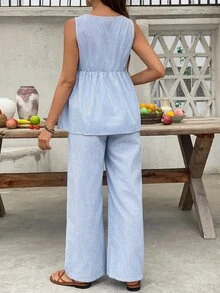 SHEIN طقم سواري وبنطلون فضفاض للحوامل، بلا أكمام وياقة دائرية، مطبوع بخطوط ، صيفي - الأزرق - مشاهدة 2