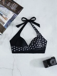 SHEIN Swim 夏季春假新款掛脖式聚攏胸部性感優雅度假海灘泳池派對女款泳衣上衣 - 黑與白 - 查看 8