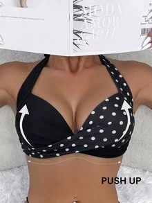 SHEIN Swim 夏季春假新款掛脖式聚攏胸部性感優雅度假海灘泳池派對女款泳衣上衣 - 黑與白 - 查看 7