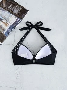 SHEIN Swim 夏季春假新款掛脖式聚攏胸部性感優雅度假海灘泳池派對女款泳衣上衣 - 黑與白 - 查看 2