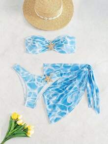 SHEIN Swim 女士三件套泳衣套装，带抹胸上衣、海星装饰、夏日度假海滩风格 - 淺藍色 - 查看 2