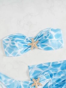 SHEIN Swim 女士三件套泳衣套装，带抹胸上衣、海星装饰、夏日度假海滩风格 - 淺藍色 - 查看 3