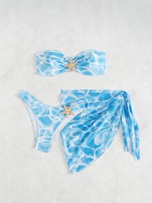 SHEIN Swim 女士三件套泳衣套装，带抹胸上衣、海星装饰、夏日度假海滩风格 - 淺藍色 - 查看 5