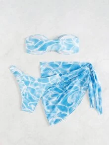 SHEIN Swim 女士三件套泳衣套装，带抹胸上衣、海星装饰、夏日度假海滩风格 - 淺藍色 - 查看 6