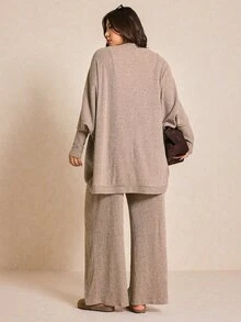 Shapeblank Plus Size Women 3 Pieces Set: Casual Solid Color Batwing Sleeve Jacket, Camisole, And Wide Leg Pants, Suitable For Spring And Daily Commute Fall - Apricot - View 4