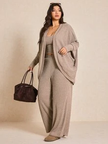 Shapeblank Plus Size Women 3 Pieces Set: Casual Solid Color Batwing Sleeve Jacket, Camisole, And Wide Leg Pants, Suitable For Spring And Daily Commute Fall - Apricot - View 5