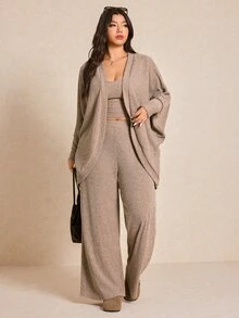 Shapeblank Plus Size Women 3 Pieces Set: Casual Solid Color Batwing Sleeve Jacket, Camisole, And Wide Leg Pants, Suitable For Spring And Daily Commute Fall - Apricot - View 8