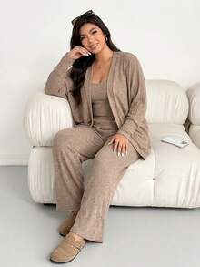 Shapeblank Plus Size Women 3 Pieces Set: Casual Solid Color Batwing Sleeve Jacket, Camisole, And Wide Leg Pants, Suitable For Spring And Daily Commute Fall - Apricot - View 3