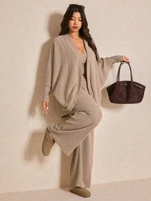 Shapeblank Plus Size Women 3 Pieces Set: Casual Solid Color Batwing Sleeve Jacket, Camisole, And Wide Leg Pants, Suitable For Spring And Daily Commute Fall - Apricot - View 6