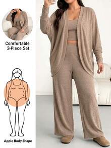 Shapeblank Plus Size Women 3 Pieces Set: Casual Solid Color Batwing Sleeve Jacket, Camisole, And Wide Leg Pants, Suitable For Spring And Daily Commute Fall - Apricot - View 2