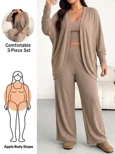 Shapeblank Plus Size Women 3 Pieces Set: Casual Solid Color Batwing Sleeve Jacket, Camisole, And Wide Leg Pants, Suitable For Spring And Daily Commute Fall