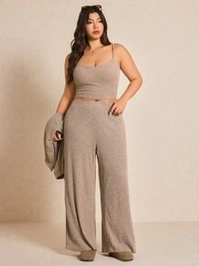 Shapeblank Plus Size Women 3 Pieces Set: Casual Solid Color Batwing Sleeve Jacket, Camisole, And Wide Leg Pants, Suitable For Spring And Daily Commute Fall - Apricot - View 7