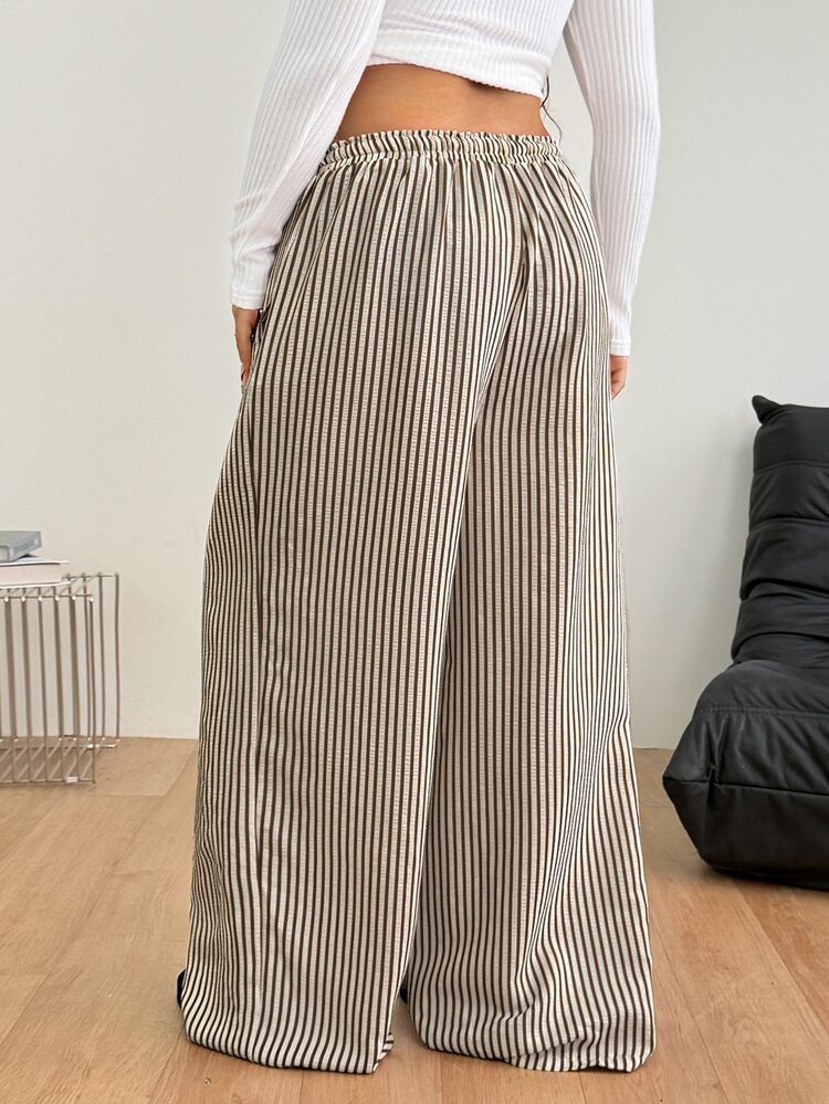 Coolane Celana Panjang Wanita Ukuran Plus untuk Liburan Musim Panas dan Gugur, Elegan, Kasual, Gaya Boho, Ukuran Plus, Pinggang Serut, Cokelat Krem, Longgar, Pinggang Tinggi - Coffee Brown - View 4