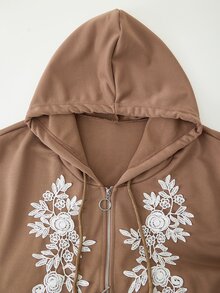 Rusticease Plus Size Women's Applique Decor Zipper Front Hooded Sweatshirt And Sweatpants Casual 2-Piece Set - Brown - View 9