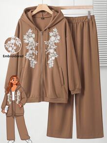 Rusticease Plus Size Women's Applique Decor Zipper Front Hooded Sweatshirt And Sweatpants Casual 2-Piece Set - Brown - View 1