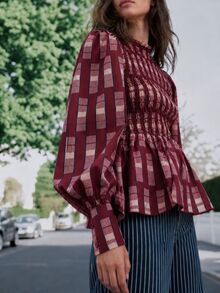 Nöista Atasan Berpinggang Tinggi dengan Detail Kerut, Motif Geometris Burgundy, Memberikan Kenyamanan, Terinspirasi Gaya Retro, Pakaian Serbaguna, Sempurna untuk Musim Gugur dan Musim Dingin, Kasual, Imut, dan untuk Acara Keluar Rumah - Merah - View 3