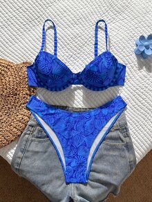 Swim Mod 女款新款兩件式幾何印花細肩帶上衣與高衩下褲性感比基尼泳衣 - 彩色 - 查看 8