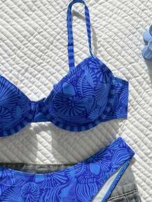 Swim Mod 女款新款兩件式幾何印花細肩帶上衣與高衩下褲性感比基尼泳衣 - 彩色 - 查看 6